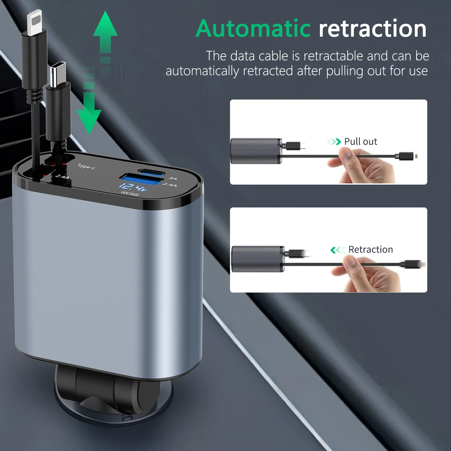 شاحن سيارة فائق السرعة 4 في 1 - Retractable Car Charger 4 in 1