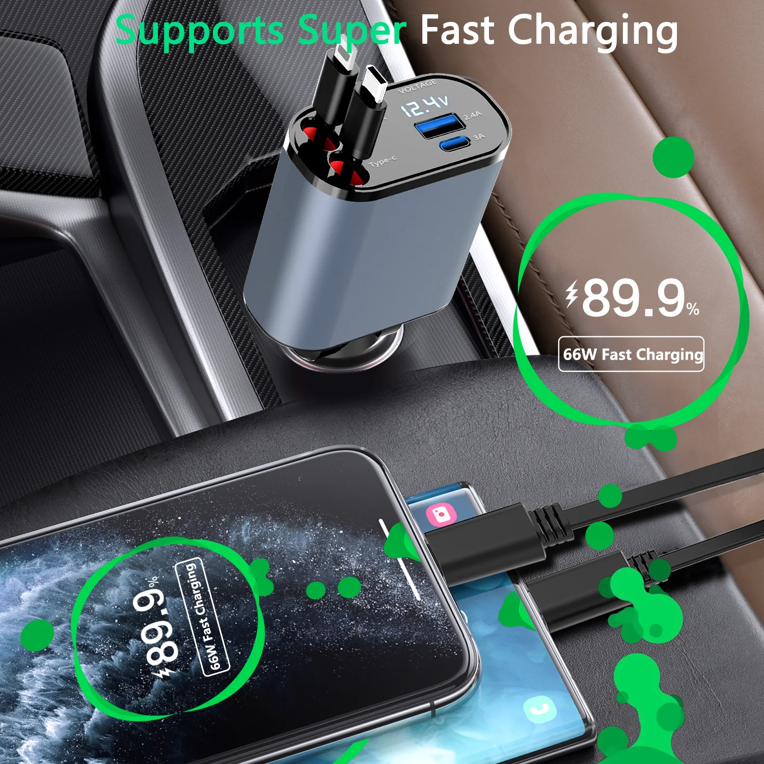 شاحن سيارة فائق السرعة 4 في 1 - Retractable Car Charger 4 in 1