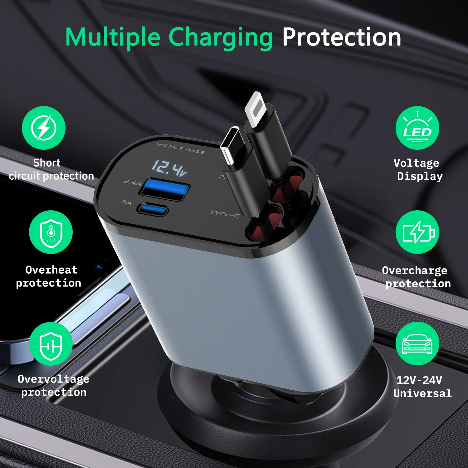 شاحن سيارة فائق السرعة 4 في 1 - Retractable Car Charger 4 in 1