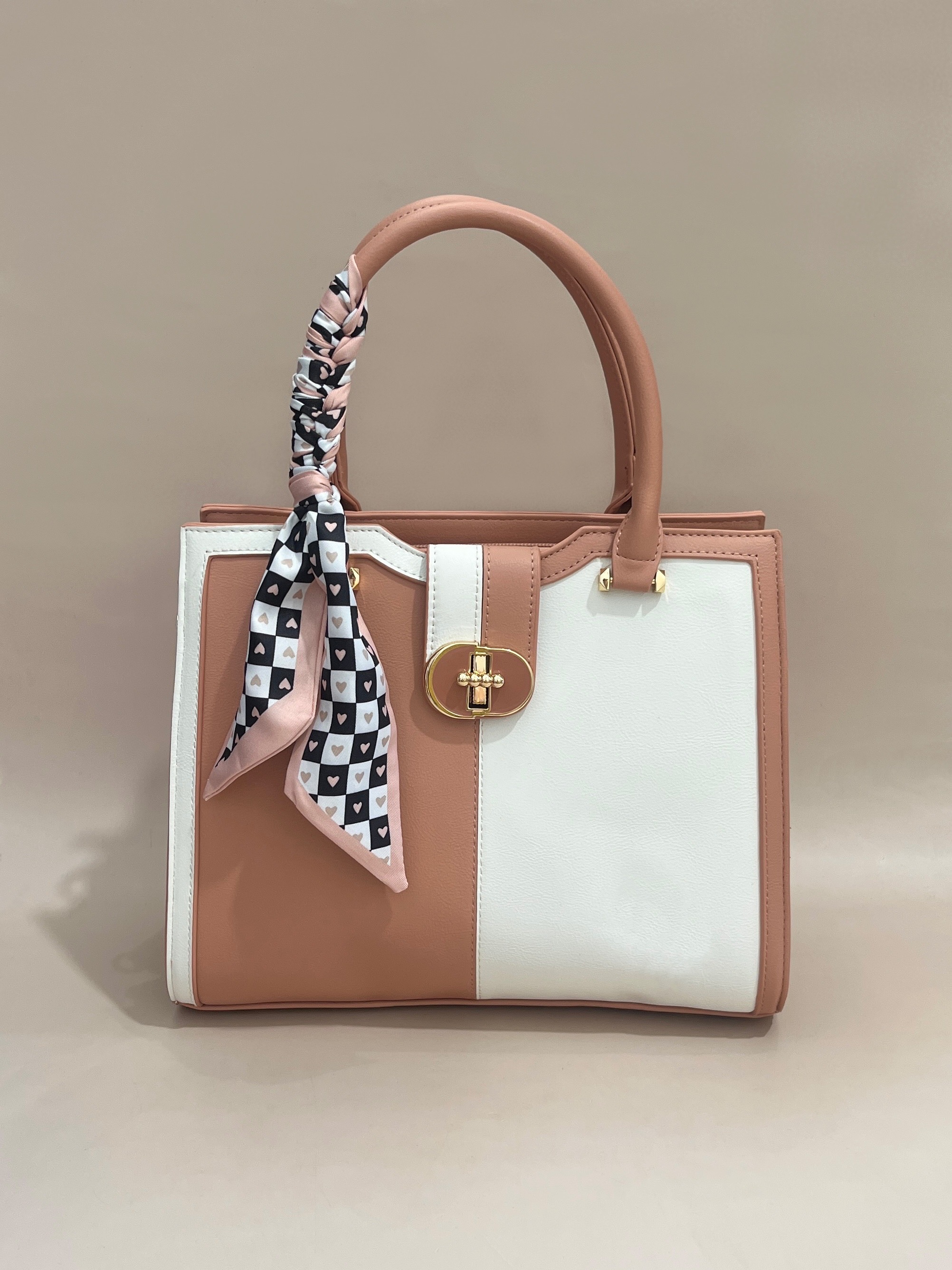 Elegant Two-Tone Handbag with Braided Handle and Scarf Accent