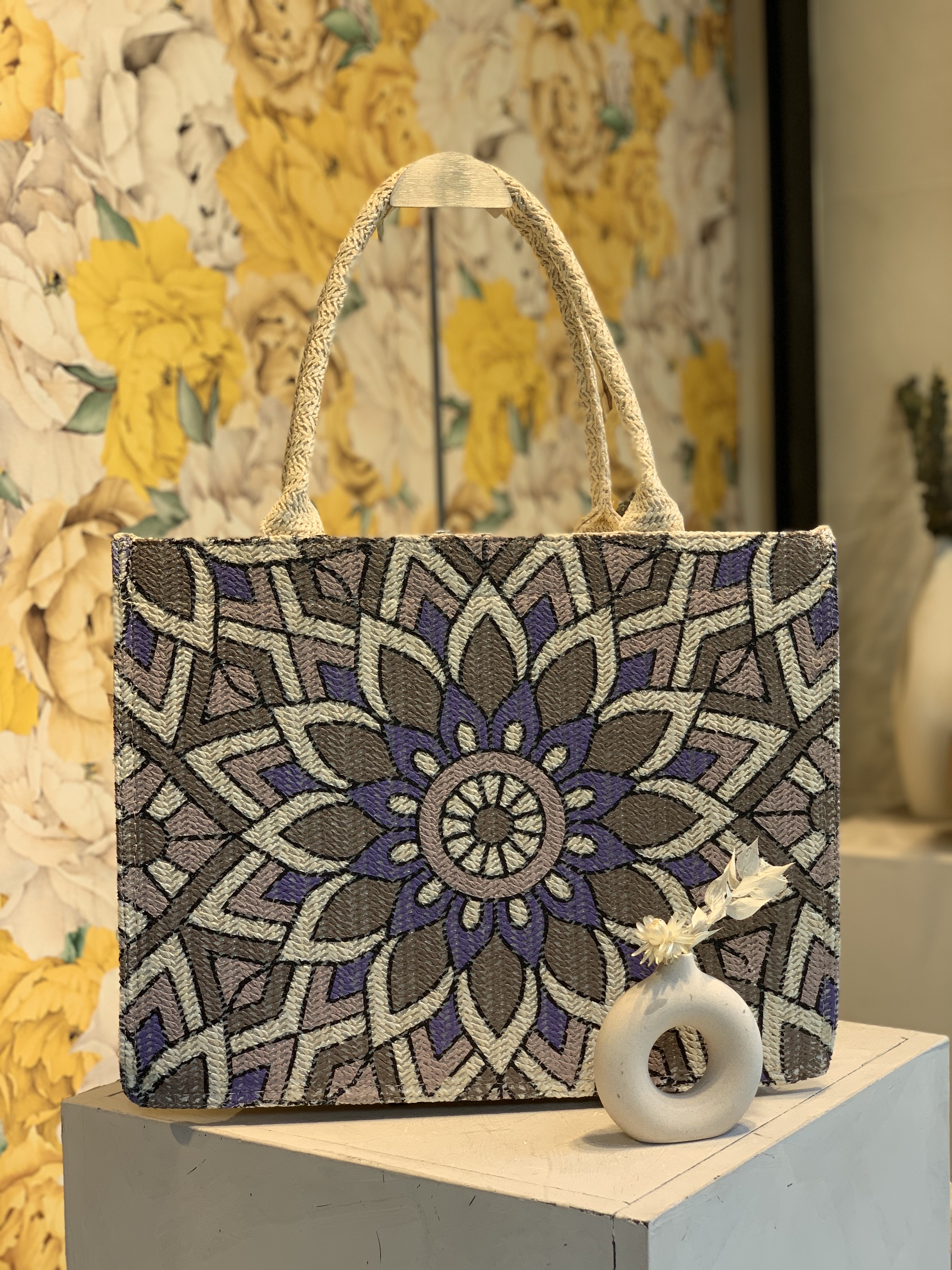 Sac Cabas Rectangulaire à Motif Mandala Coloré et Anses Tressées