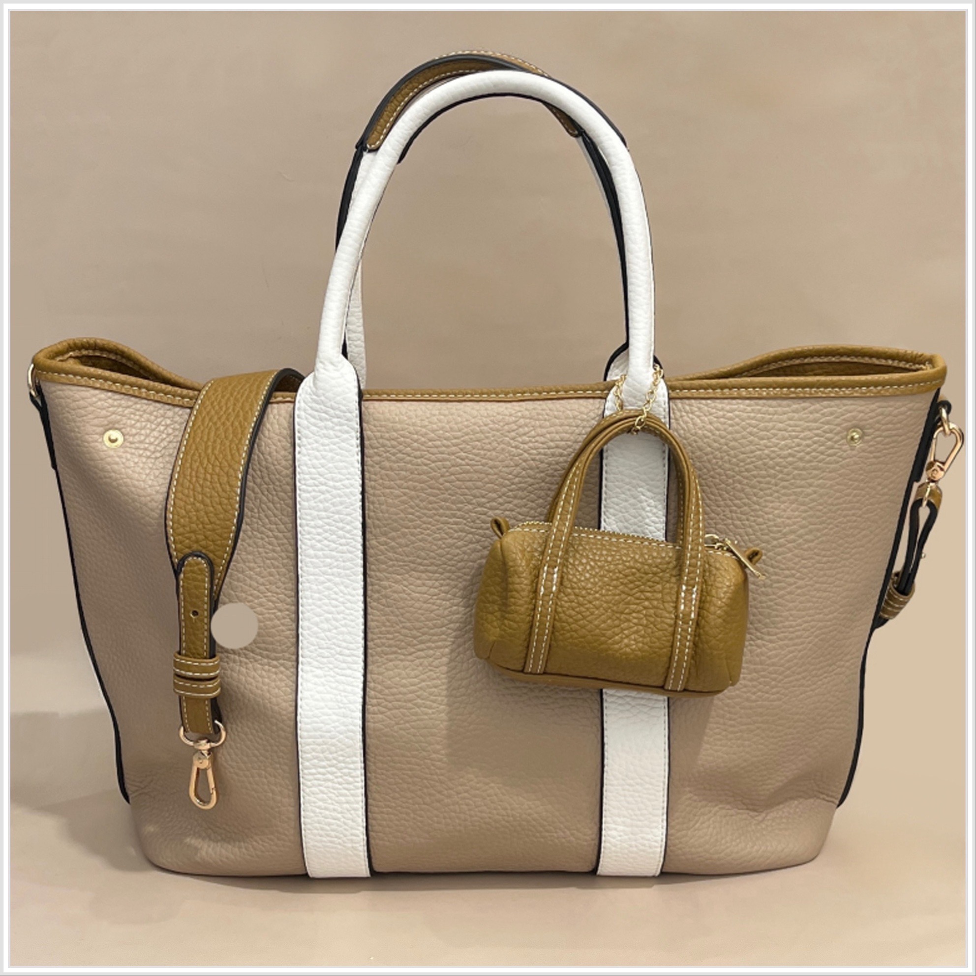 Chic Tote with White Stripe and Mini Pouch Accent