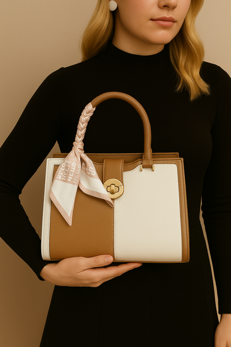 Elegant Two-Tone Handbag with Braided Handle and Scarf Accent