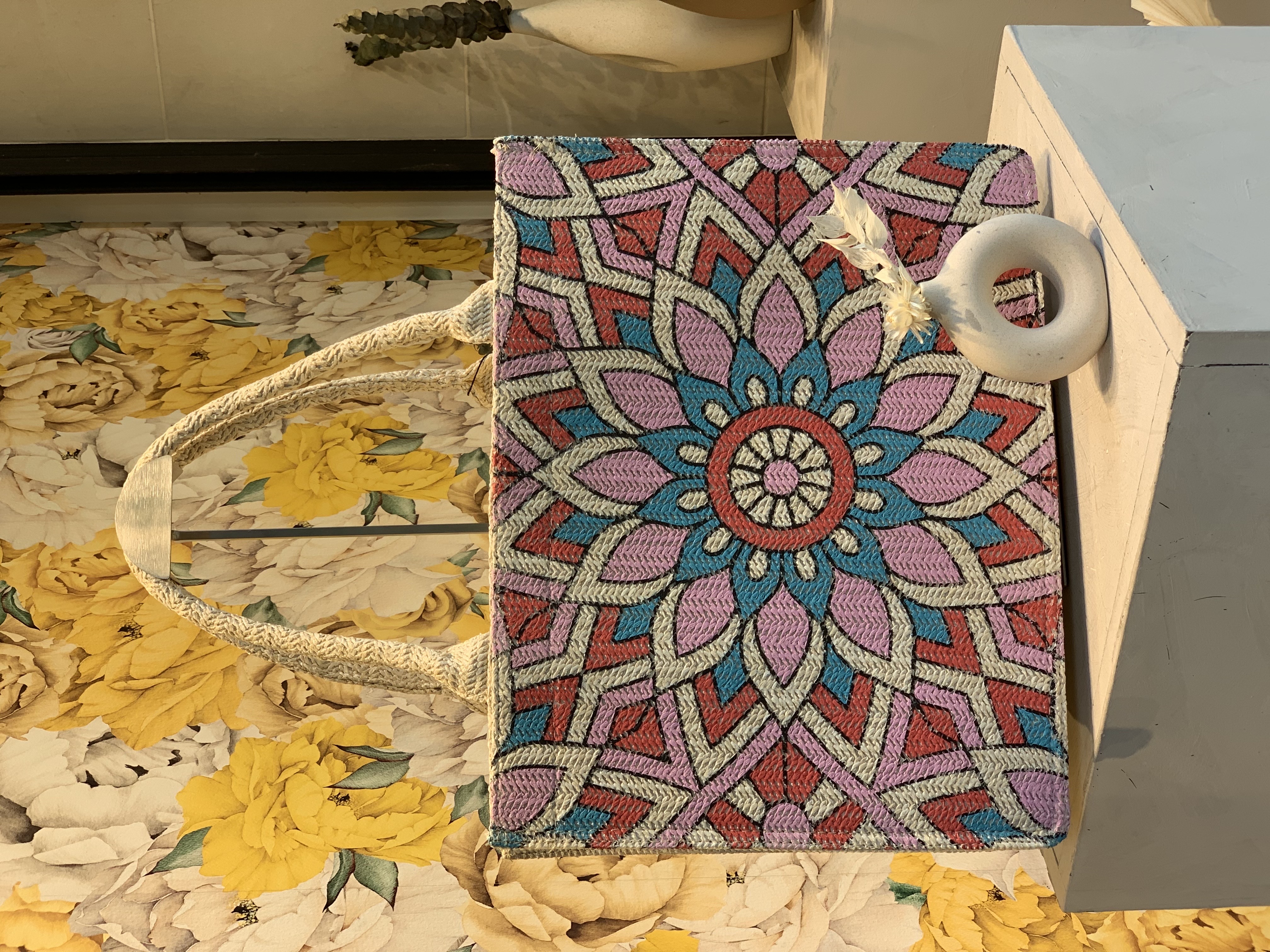 Sac Cabas Rectangulaire à Motif Mandala Coloré et Anses Tressées