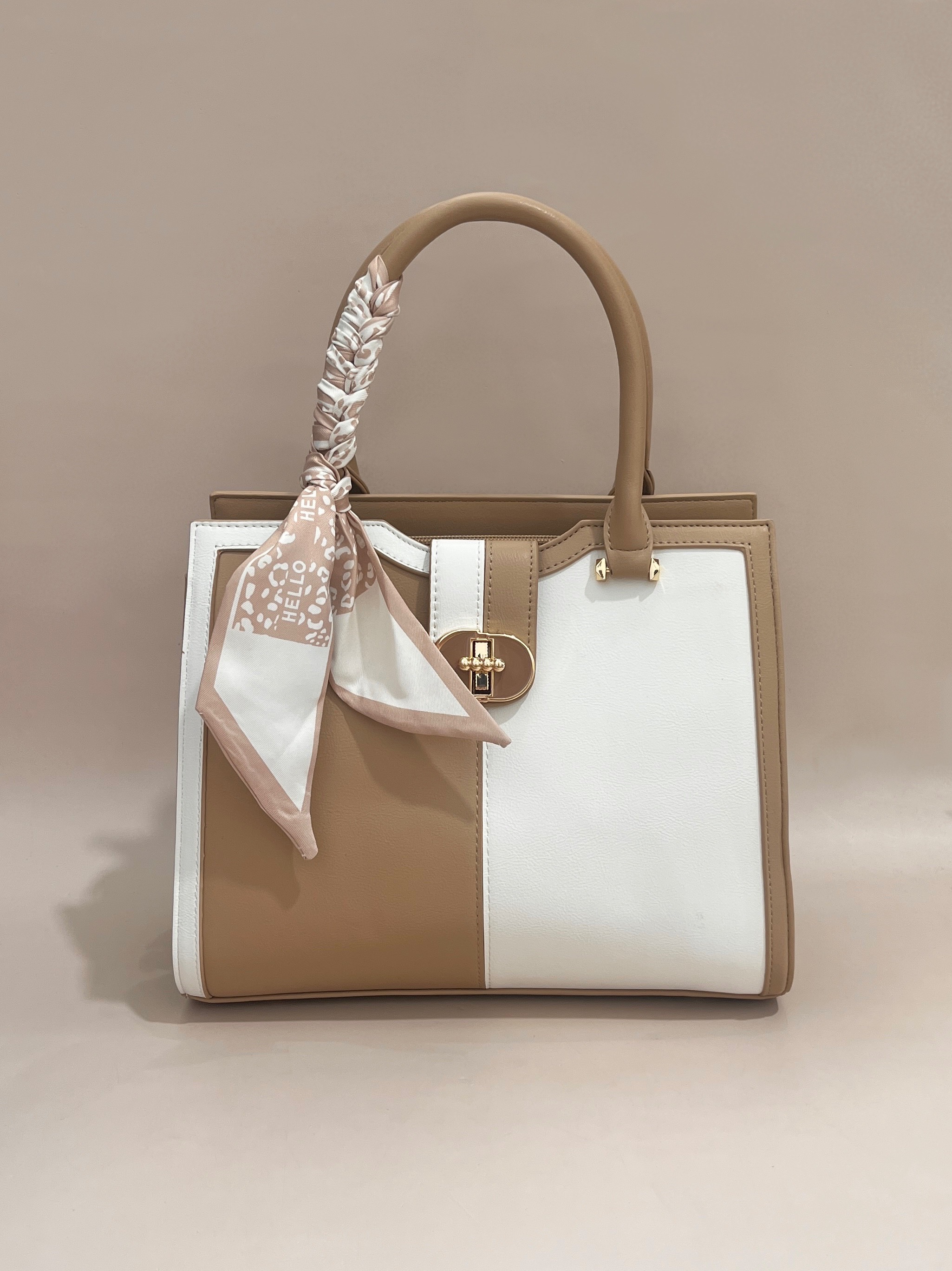 Elegant Two-Tone Handbag with Braided Handle and Scarf Accent