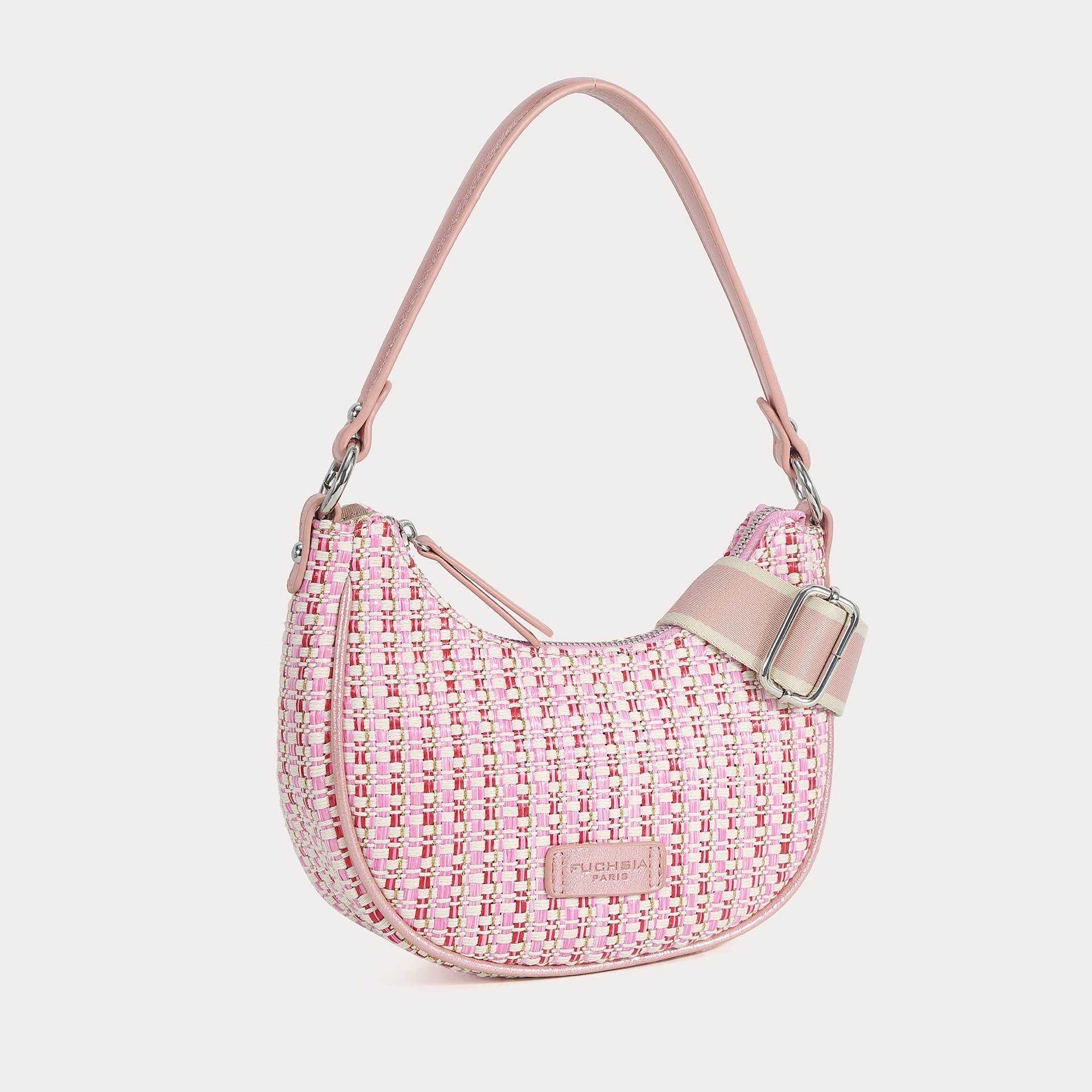 Sac Bandoulière Demi-Lune Fushia Paris en Tissu Tressé Rose