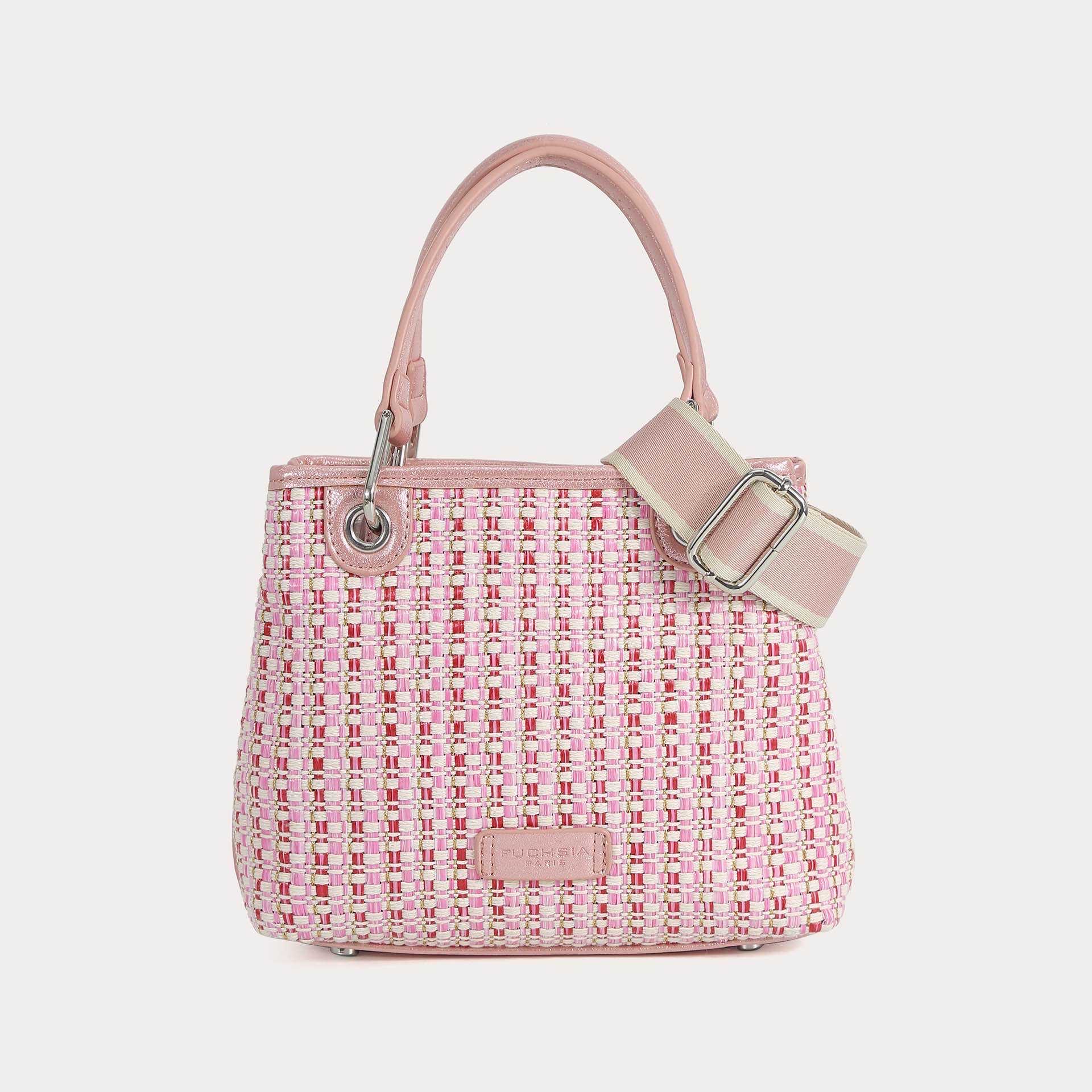 Sac Cabas Fushia Paris en Tissu Tressé Rose avec Anses Courtes