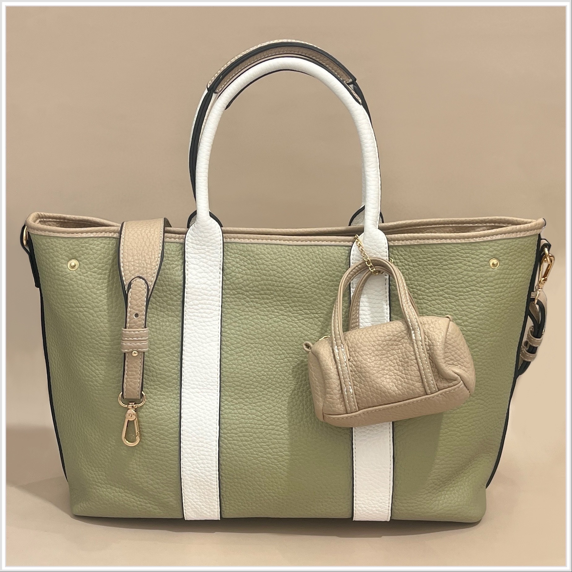 Chic Tote with White Stripe and Mini Pouch Accent