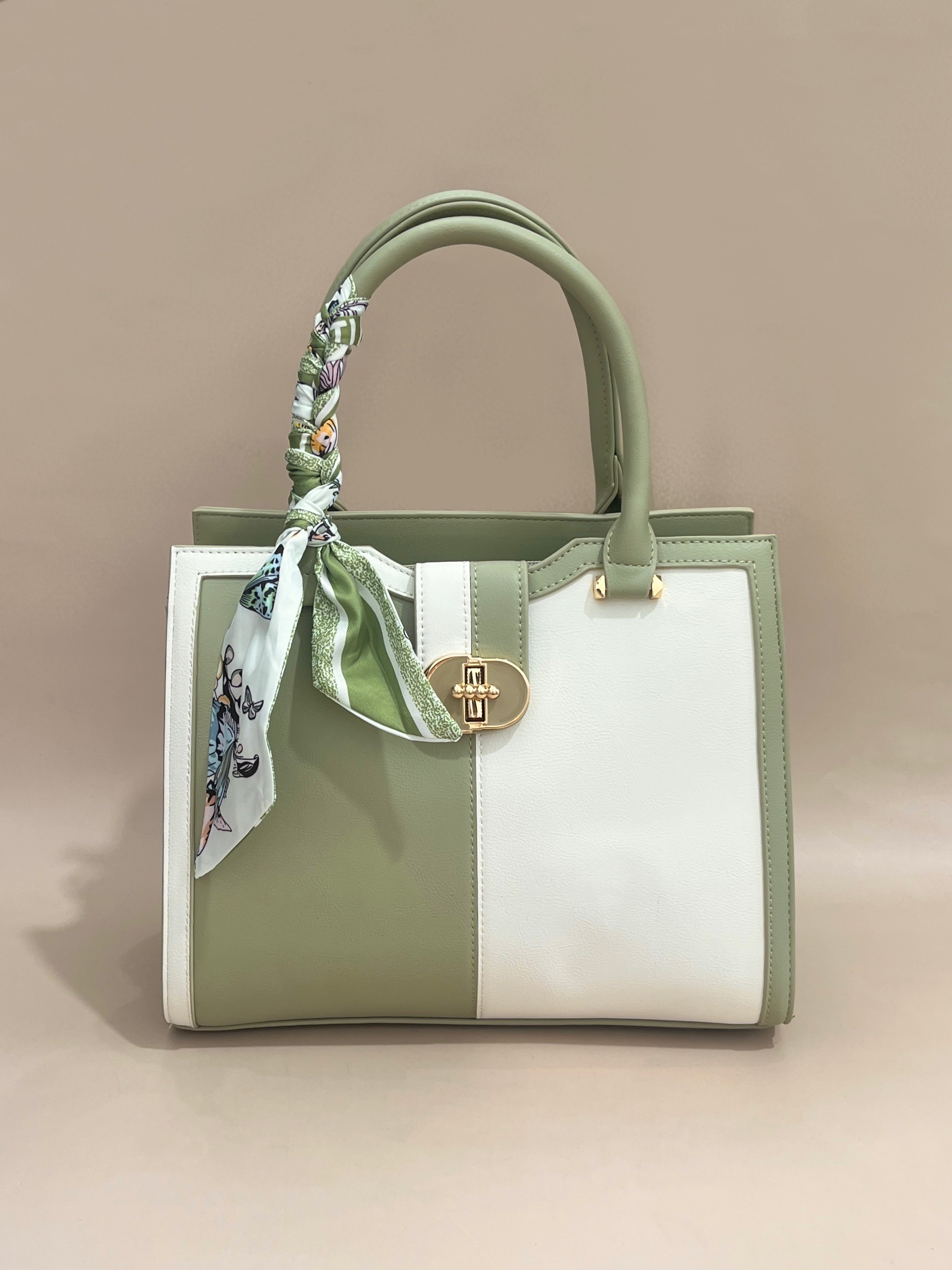 Elegant Two-Tone Handbag with Braided Handle and Scarf Accent