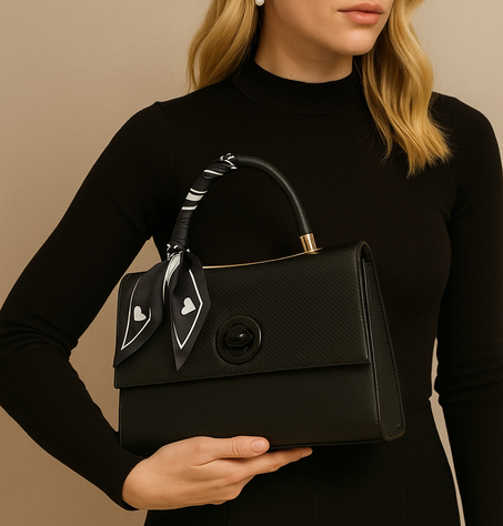 Elegant Black Leather Handbag with Scarf Detail – Timeless Chic