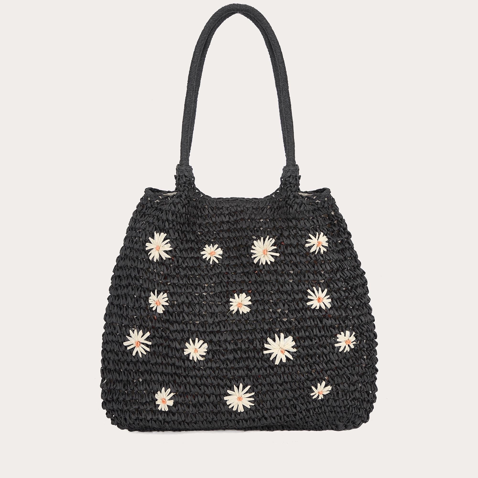 Sac Cabas en Paille Noire Tressée avec Marguerites