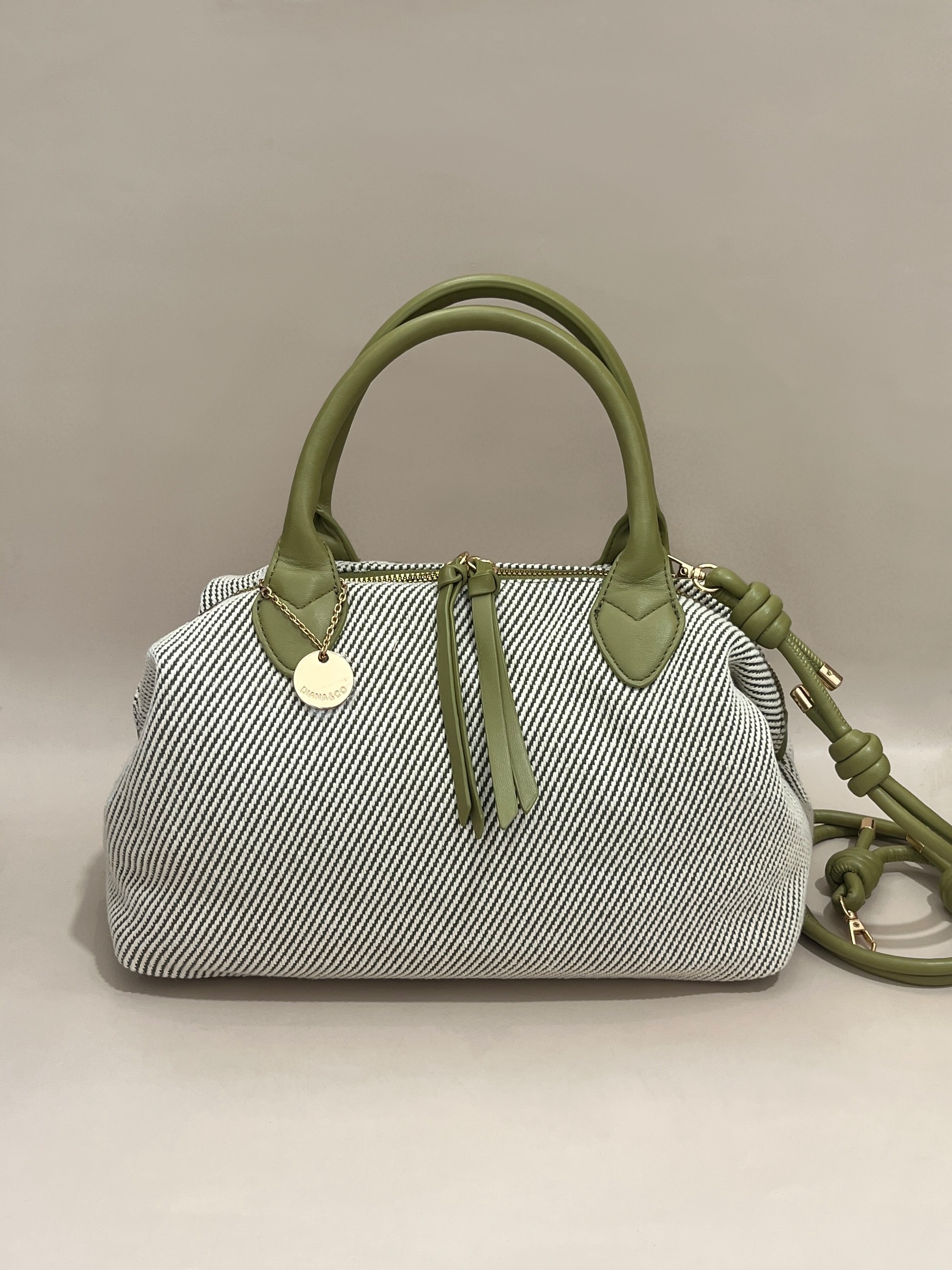 Monochrome Striped Handbag with Leather Details