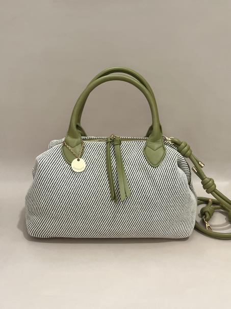 Monochrome Striped Handbag with Leather Details