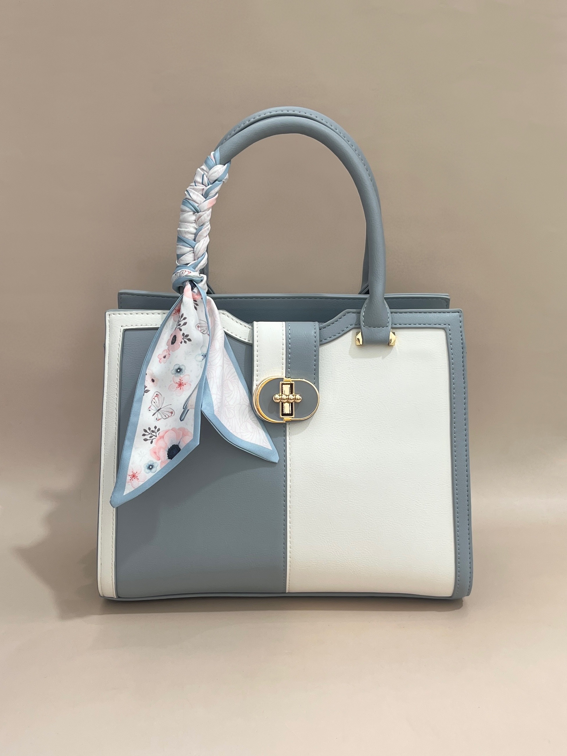 Elegant Two-Tone Handbag with Braided Handle and Scarf Accent
