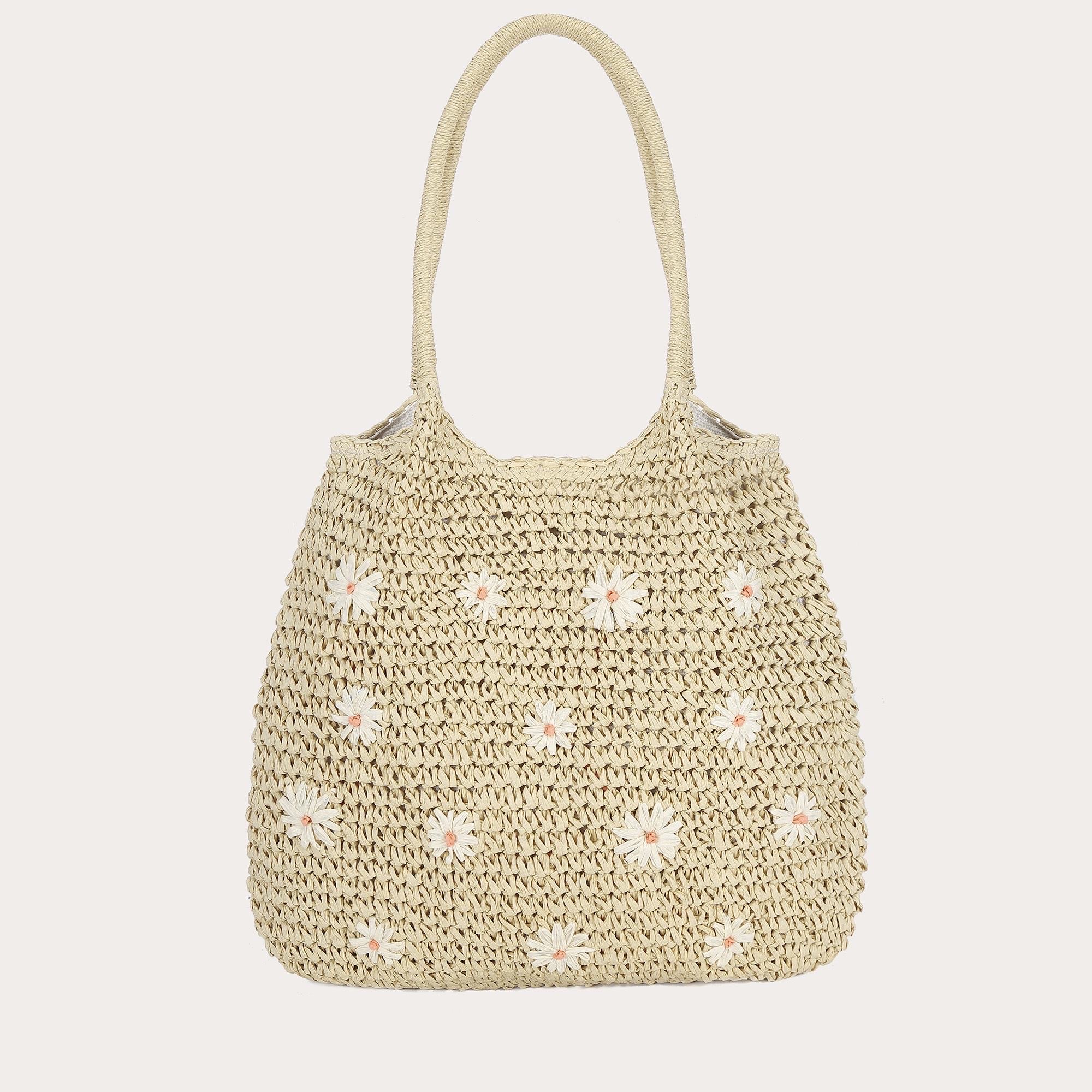Sac Cabas en Paille Noire Tressée avec Marguerites