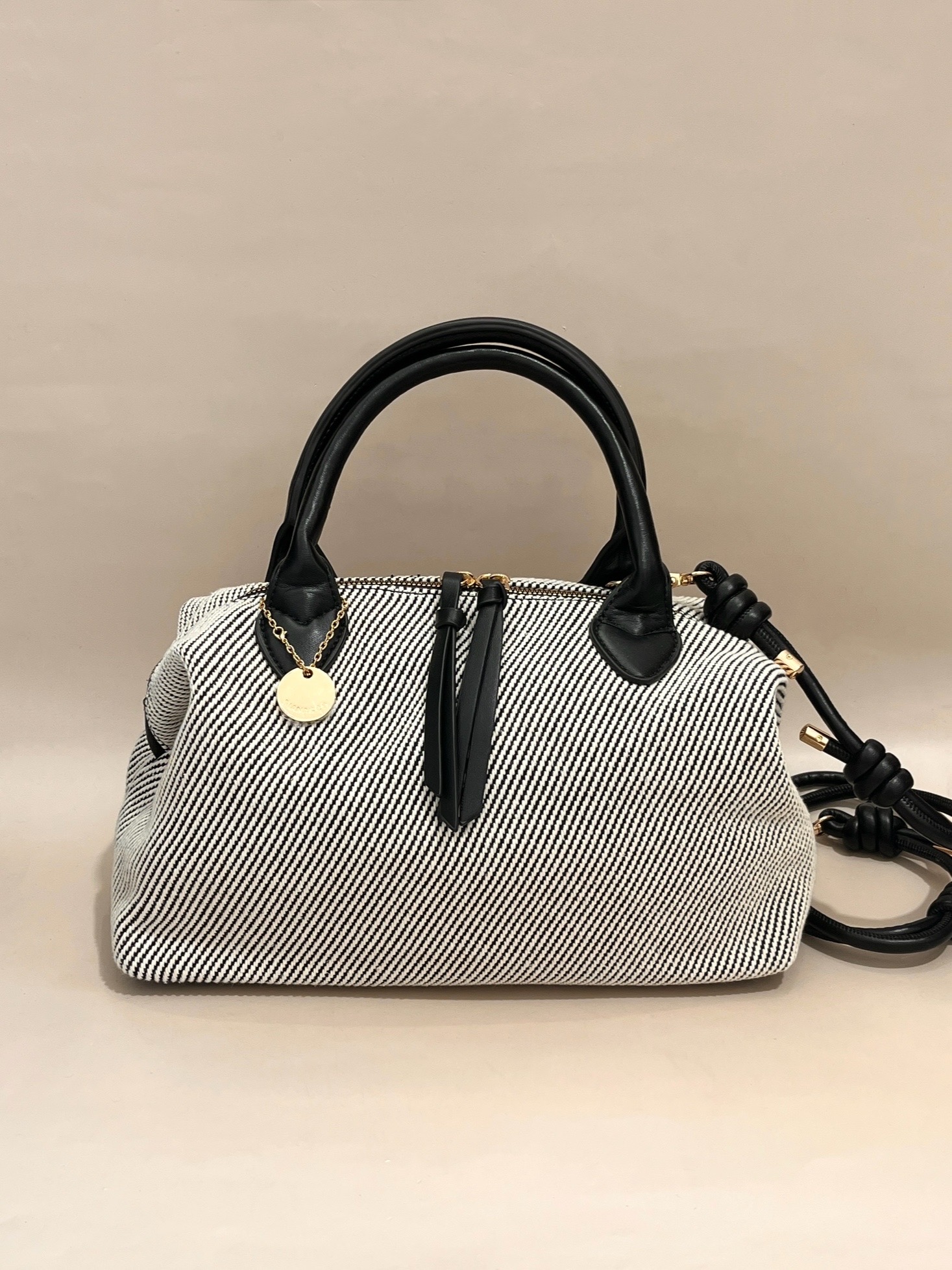 Monochrome Striped Handbag with Leather Details