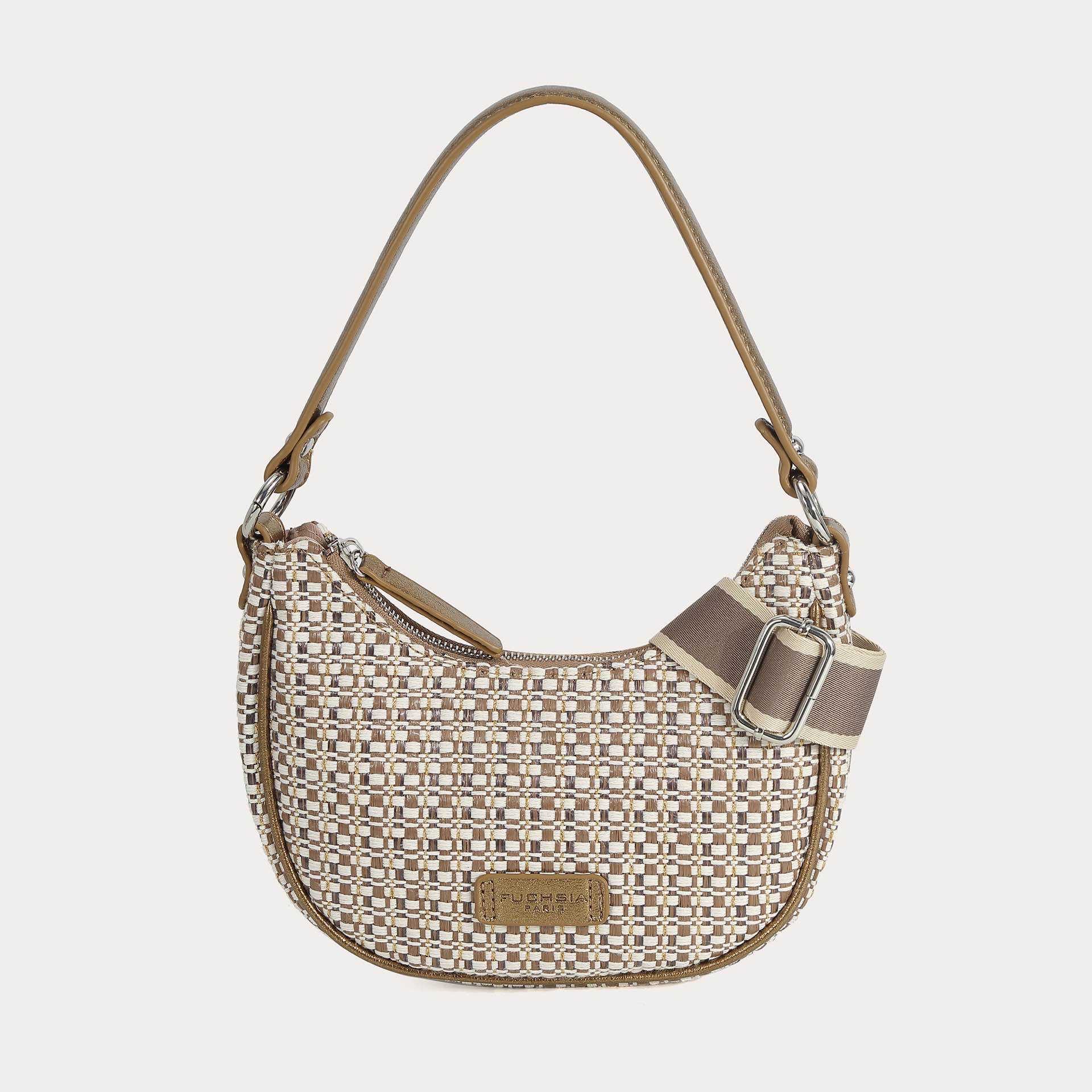 Sac Bandoulière Demi-Lune Fushia Paris en Tissu Tressé Rose