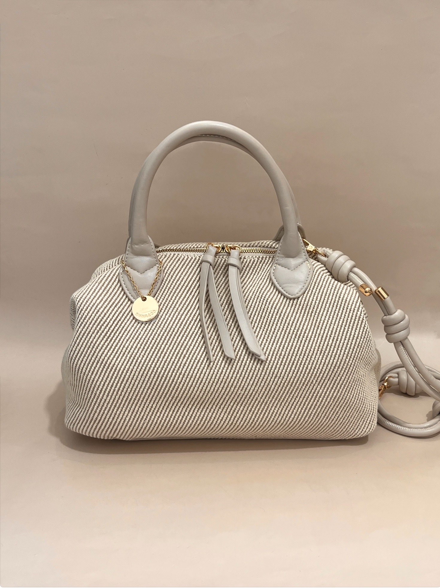 Monochrome Striped Handbag with Leather Details