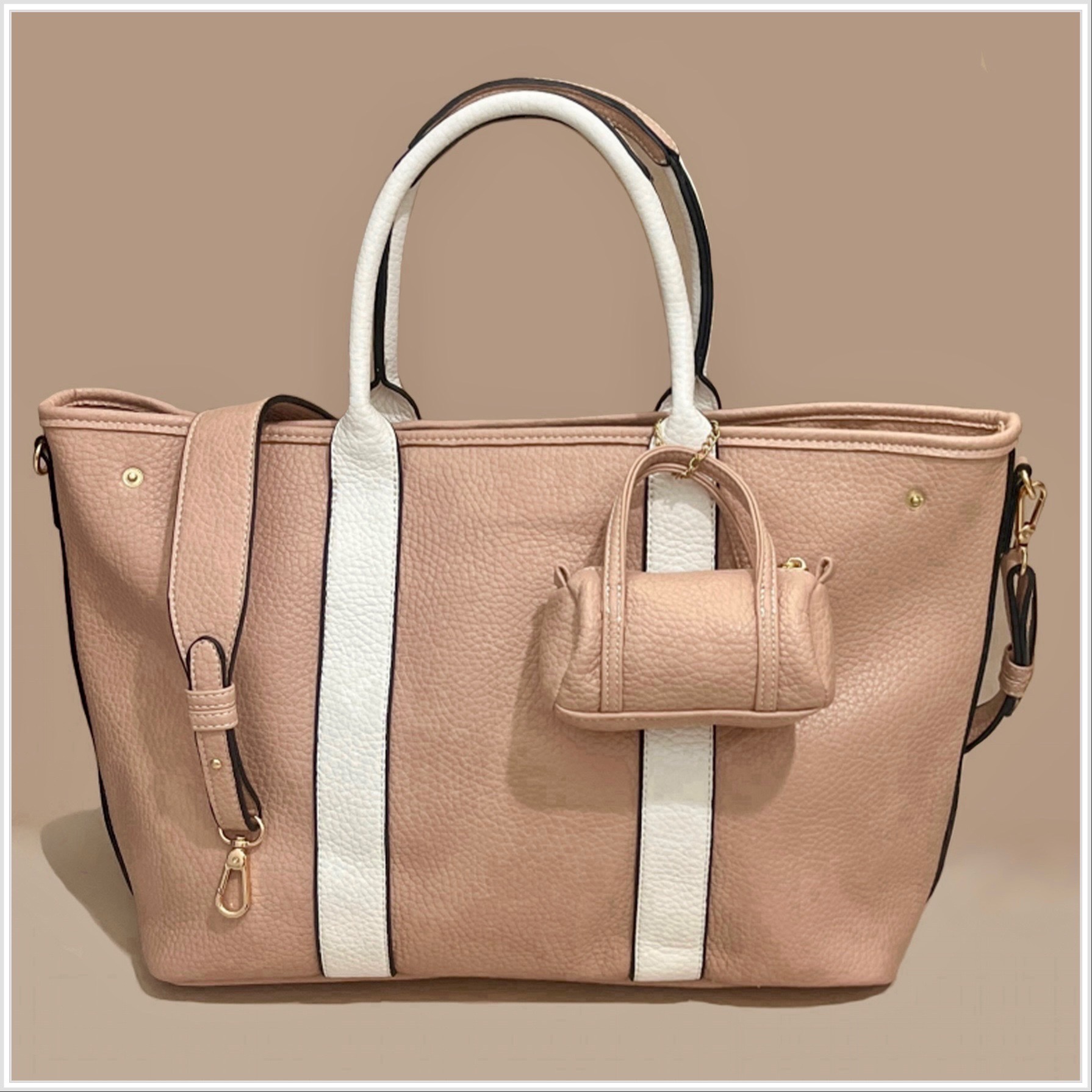 Chic Tote with White Stripe and Mini Pouch Accent