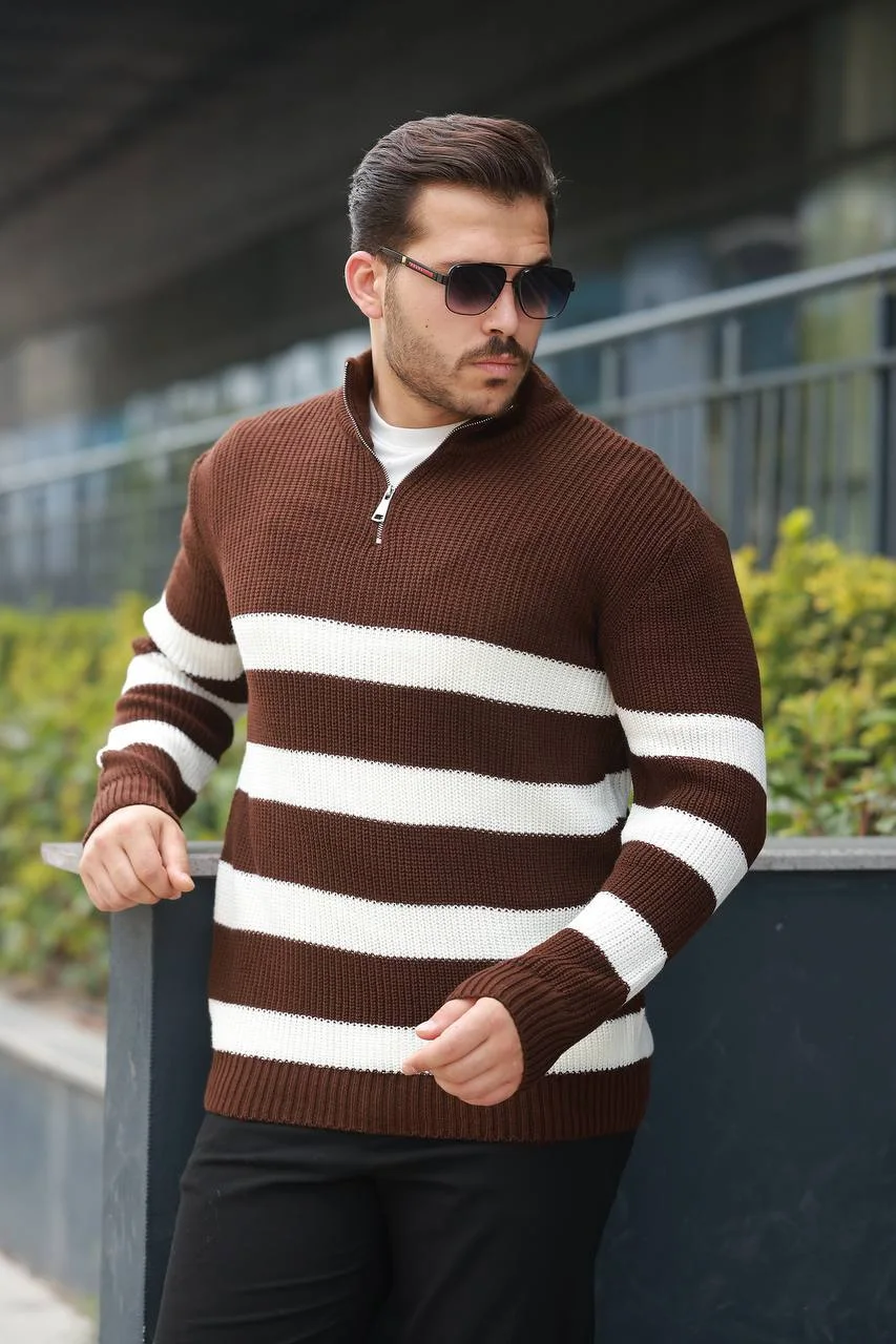 Pull Zippé Rayures Classiques – Chunky Knit & Look Décontracté Chic