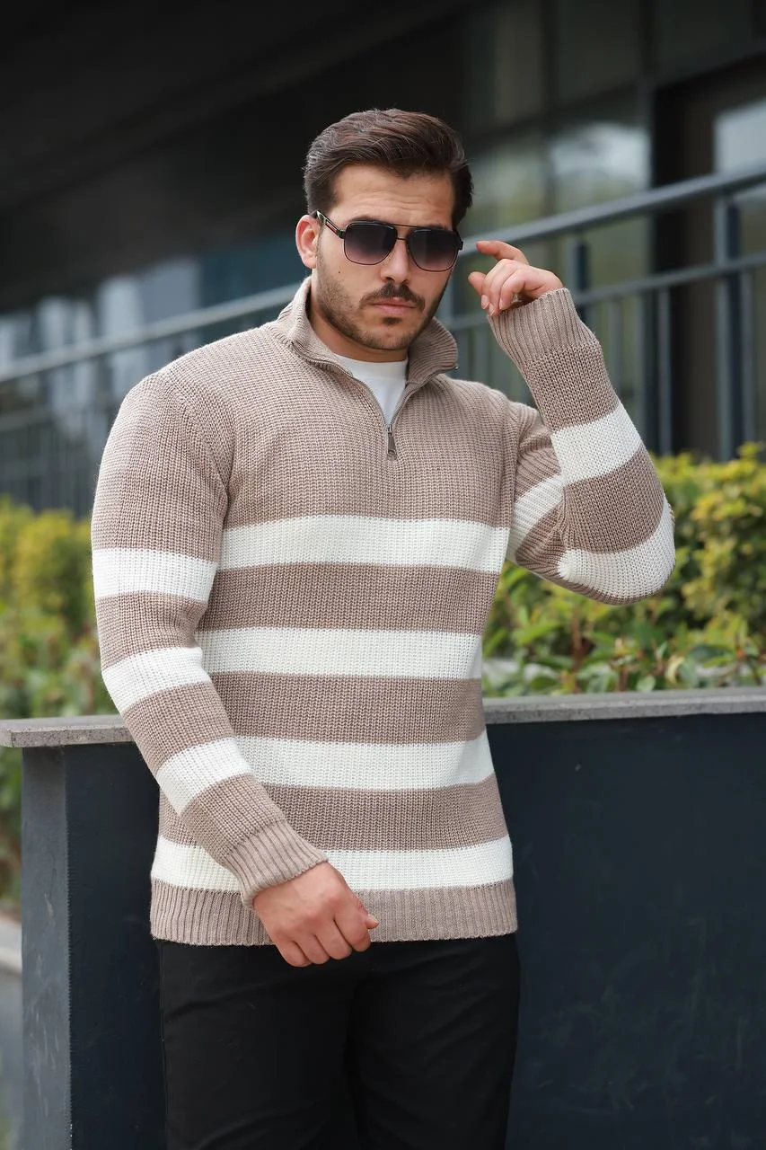 Pull Zippé Rayures Classiques – Chunky Knit & Look Décontracté Chic
