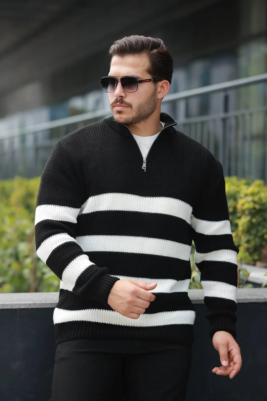 Pull Zippé Rayures Classiques – Chunky Knit & Look Décontracté Chic
