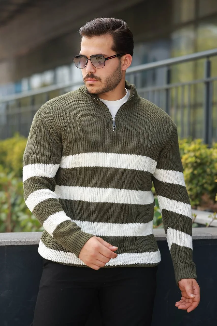 Pull Zippé Rayures Classiques – Chunky Knit & Look Décontracté Chic
