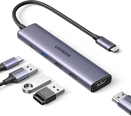 موزع ريفودوك USB نوع 5 في 1 من يوجرين مع منفذ HDMI 4K وقدرة توصيل طاقة 100 وات و3 منافذ بيانات ايه ومحول متعدد المنافذ سي , الألوان