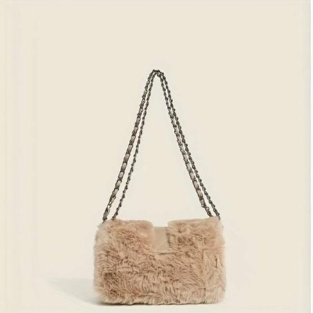 Fluffy Faux Fur Shoulder Bag, Stylish Chain Crossbody Bag, Plush Handbag