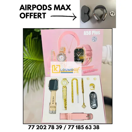 🎁 Pack Élégance Tech: Montre A58 Plus & Bijoux Luxueux + AirPods Max Offerts 🎧✨