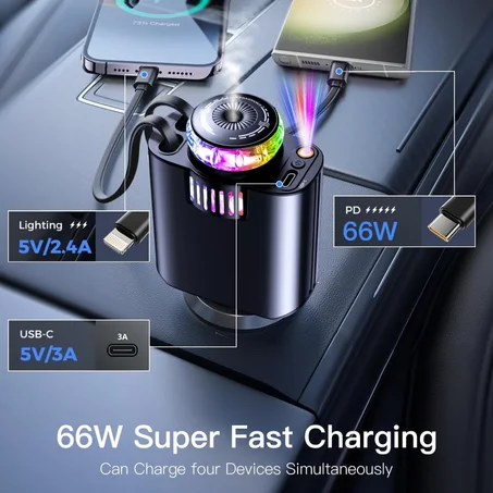Allume-cigare avec diffuseur d'arômes, projecteur de ciel étoilé, accessoire de voiture rapide, USB-C rétractable, chargeur de voiture, adaptateur de téléphone avec câble, compatible avec iPh