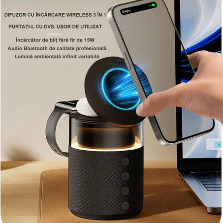 🔋🎬 Station de Charge avec Support Multimédia & haut-parleur Bluetooth et veilleuse 5-en-1