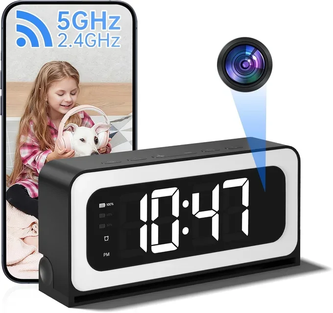 Caméra horloge 2k , caméra de sécurité intérieure WiFi 5G, 3 en 1 avec alarme, vision nocturne et détection de mouvement humain