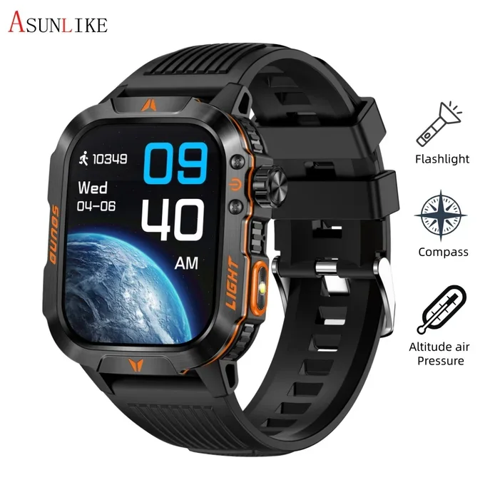 Montre Connectée Militaire – Écran 2.01" Tactile avec Lampe Torche LED, Boussole, Altimètre, Baromètre, Étanche IP68, Batterie 600mAh