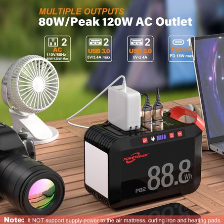 Centrale électrique portable  88,8 Wh 24000mAh avec lampe de poche, Prise CA 80 W Ports DC/QC3.0 USB/Type-C