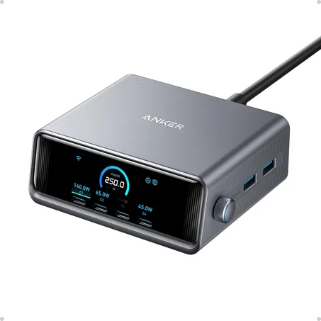 🔌 Anker Prime Chargeur USB C 250 W, station de recharge ultra-rapide 6 ports GaN, écran LCD 2,26", molette de contrôle intelligente, Wi-Fi intégré