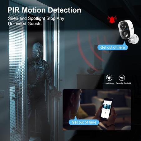 Caméra de sécurité extérieure IP WiFi HD 1080P rechargeable, sans fil, avec vision nocturne, détecteur de mouvement PIR, alarme sirène, lecteur SD et audio bidirectionnel.