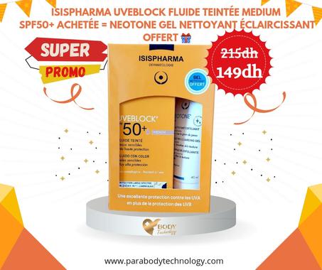 PACK ISISPHARMA UVEBLOCK SPF 50+ DRY TOUCH TEINTE MEDIUM 40 ML + NEOTONE GEL NETTOYANT EXFOLIANT OFFERT