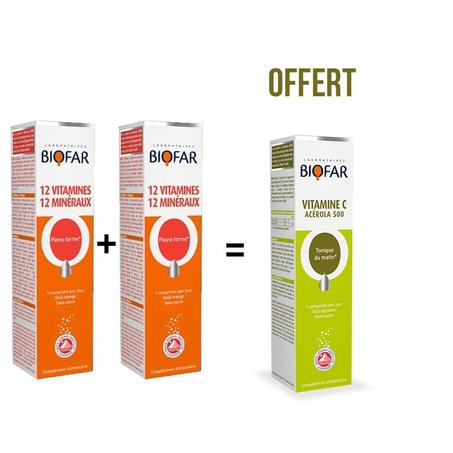 BIOFAR PACK 12 VITAMINES + 12 MINERAUX B2 + VITAMINE C ACEROLA 500 OFFERT