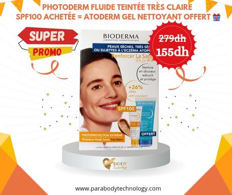 Pack photoderm fluide teintée très clair spf100 + Atoderm gel offert / Peaux sèches, très sèches ou sujettes à l'éczema atopique