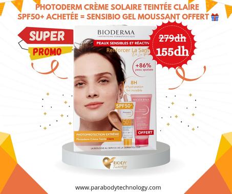 Pack photoderm crème solaire teintée clair spf50+ + Sensibio gel moussant offert / Peaux sensibles et réactive