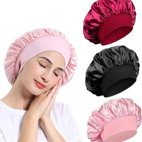 ونيه حريري من الميكاكوز، قبعات نوم ليلية مع شريط مطاطي عريض، غطاء راس ناعم، قبعة نوم للنساء والفتيات بشعر مجعد (عبوة من 3 قطع، زهري، اسود، احمر)
