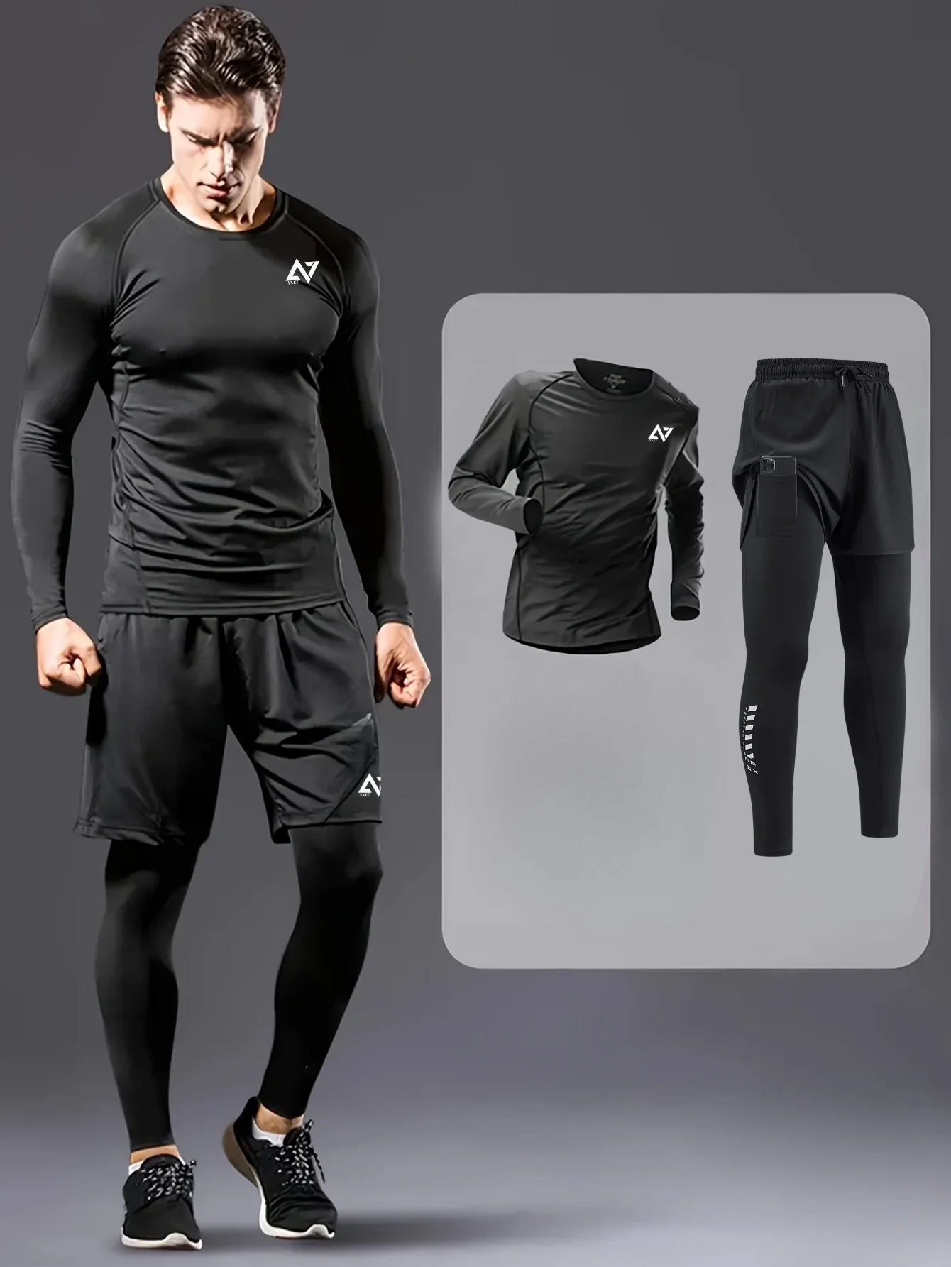 Ensemble de Sport Homme 3 Pièces (T-shirt à manches longues  + Short 2 en 1)