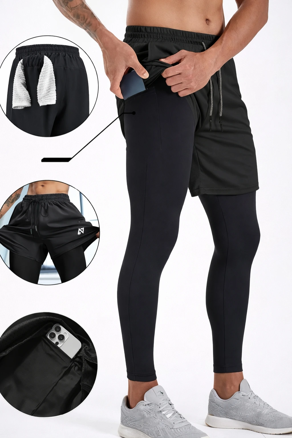 Ensemble de Sport Homme 3 Pièces (T-shirt à manches longues  + Short 2 en 1)