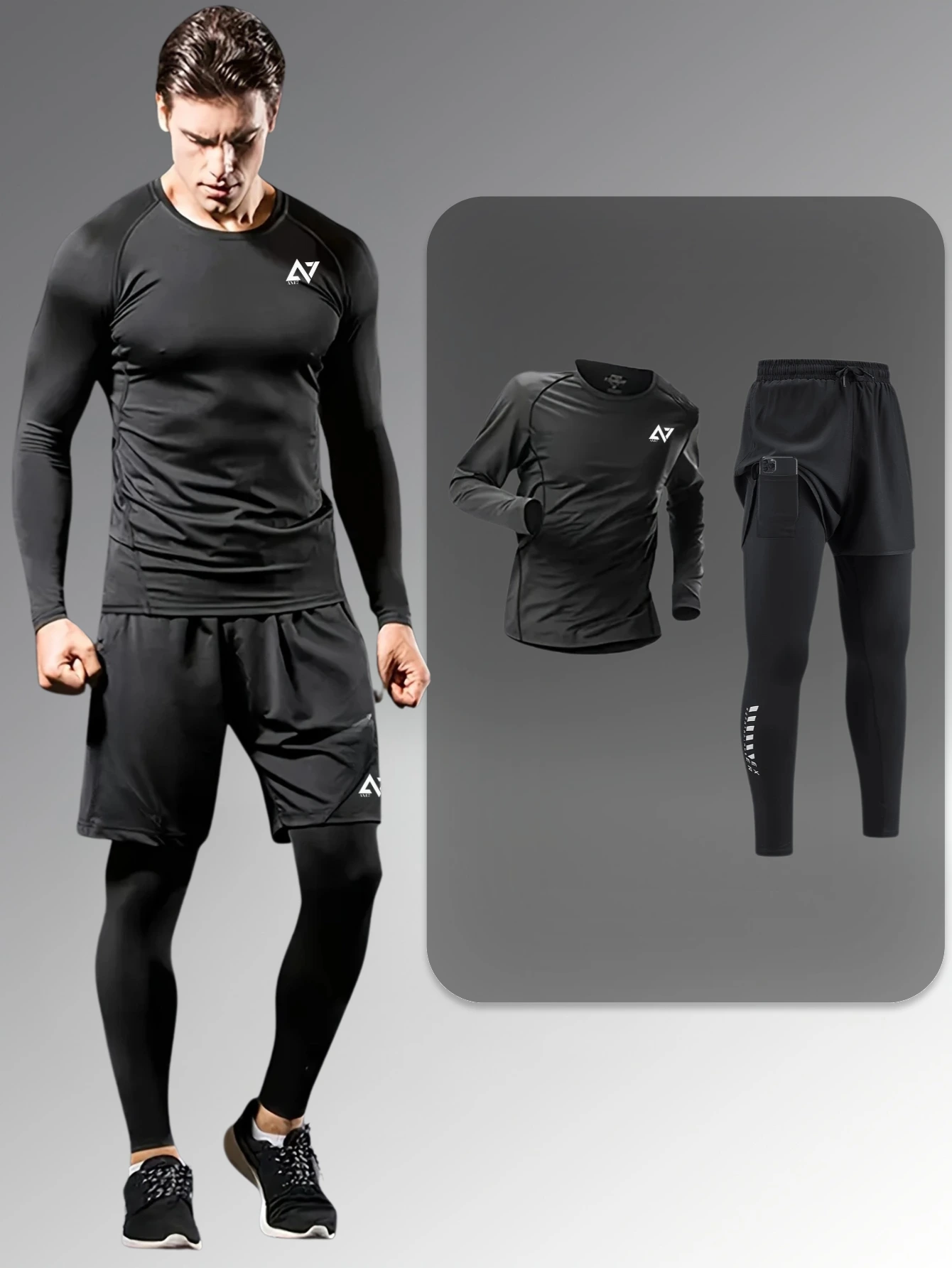 Ensemble de Sport Homme 2 Pièces (T-shirt à manches longues  + Short 2 en 1)