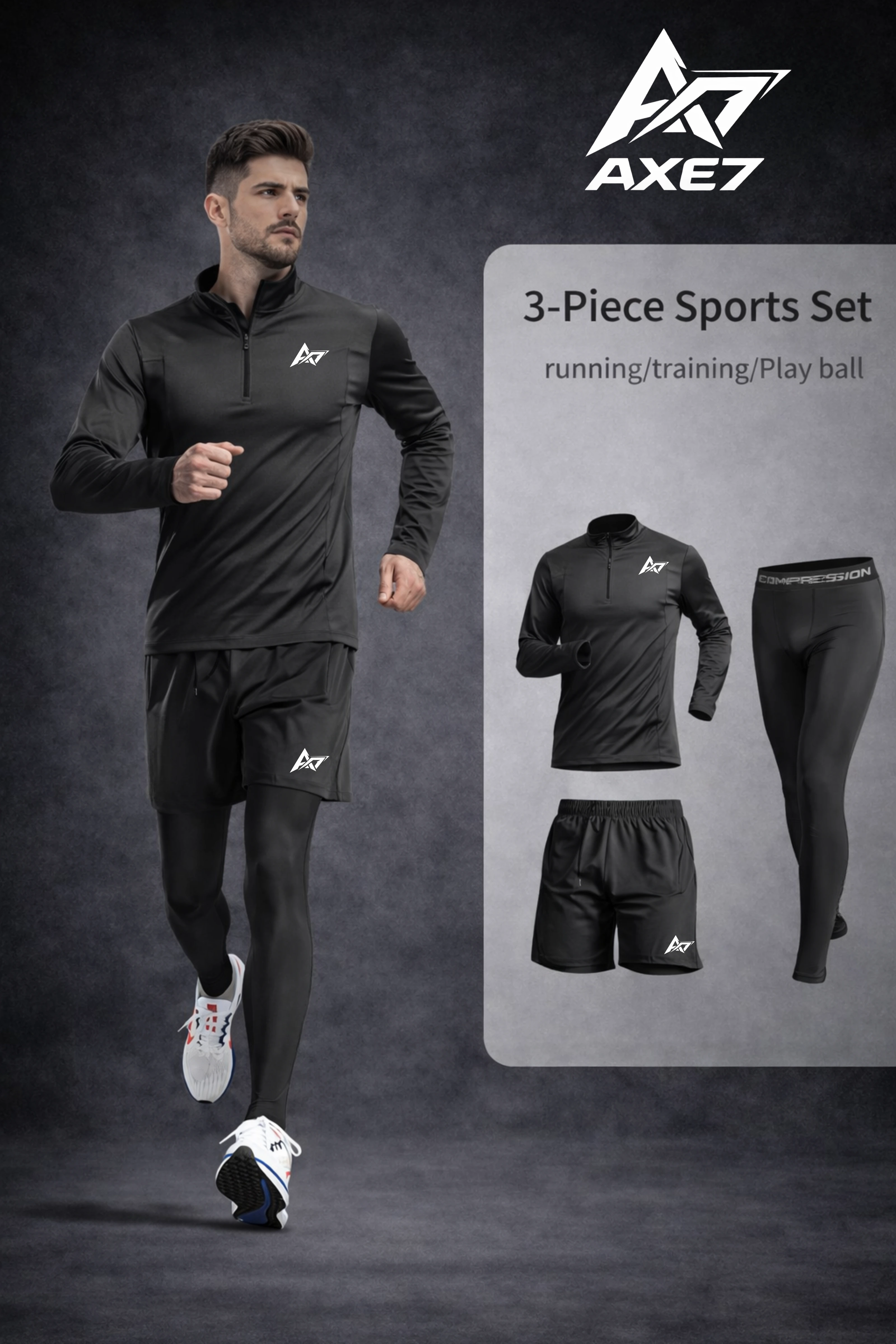 Ensemble AXE7 3 en 1 – Haut zip + Short + Legging