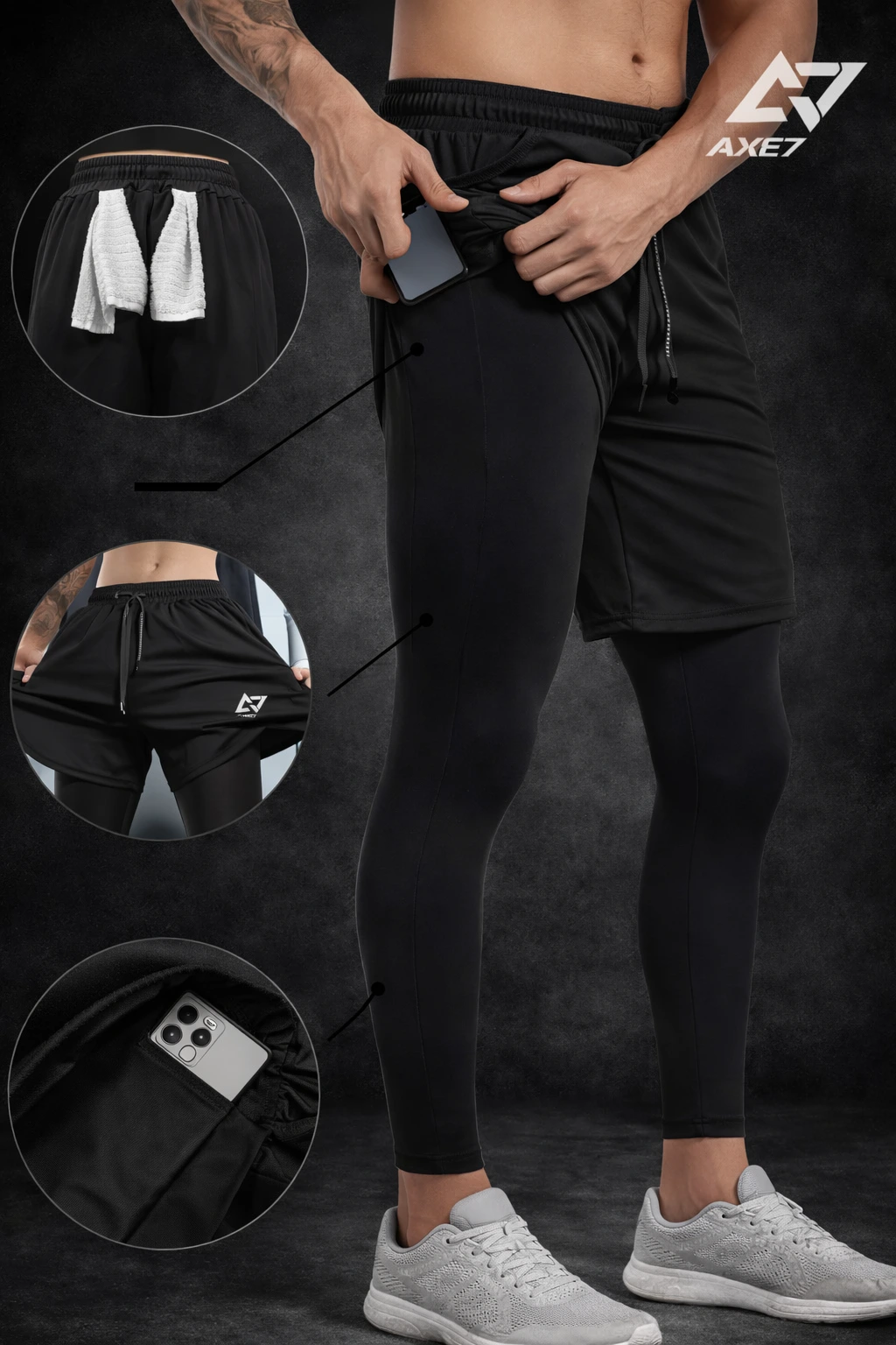 Ensemble AXE7 3 en 1 – Haut zip + Short + Legging