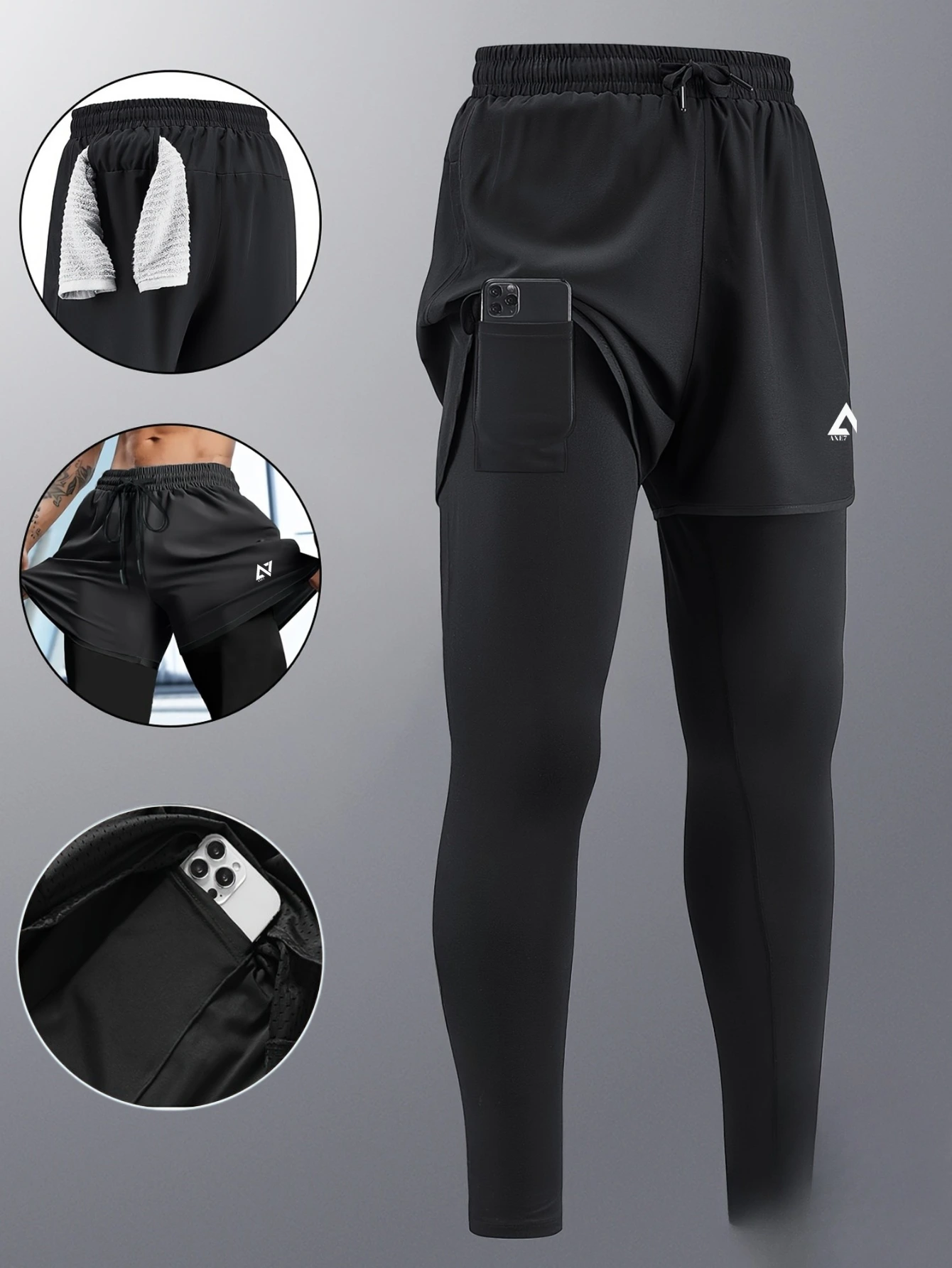 Ensemble de Sport Homme 3 Pièces (T-shirt à manches longues  + Débardeur à Capuche + Short 2 en 1)