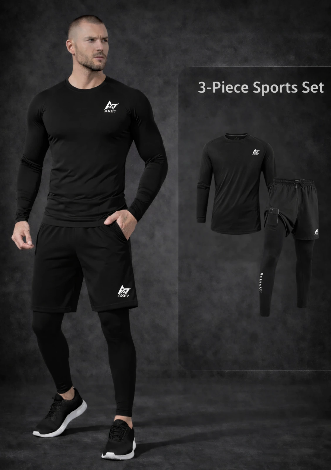 Ensemble de Sport Homme  3Pièces (T-shirt à manches longues  + Short 2 en 1)