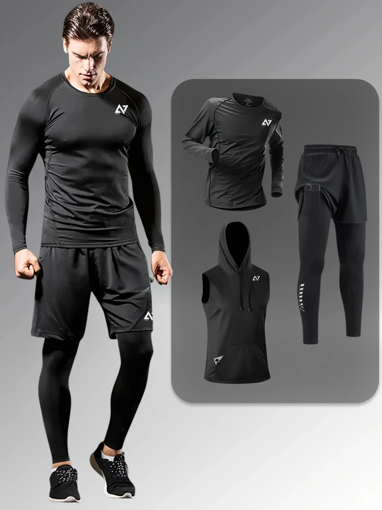 Ensemble de Sport Homme 3 Pièces (T-shirt à manches longues  + Débardeur à Capuche + Short 2 en 1)
